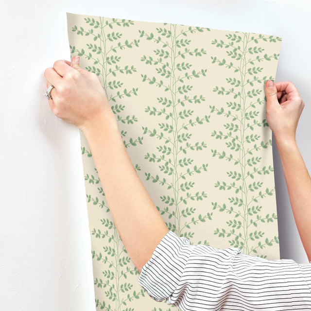 Climbing Vine Linen Green Metallic Wallpaper with Botanical Whimsical Pattern - York RF7423