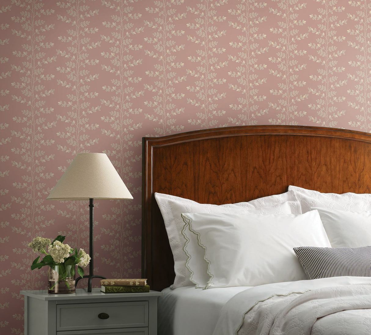 Climbing Vine Rose Wallpaper with Metallic Botanical Stripe - York RF7426
