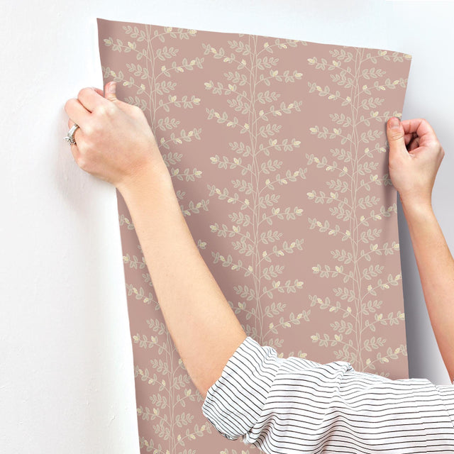 Climbing Vine Rose Wallpaper with Metallic Botanical Stripe - York RF7426