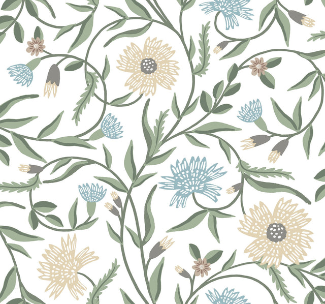 Aster White Green Floral Non Woven Wallpaper - York RF7431