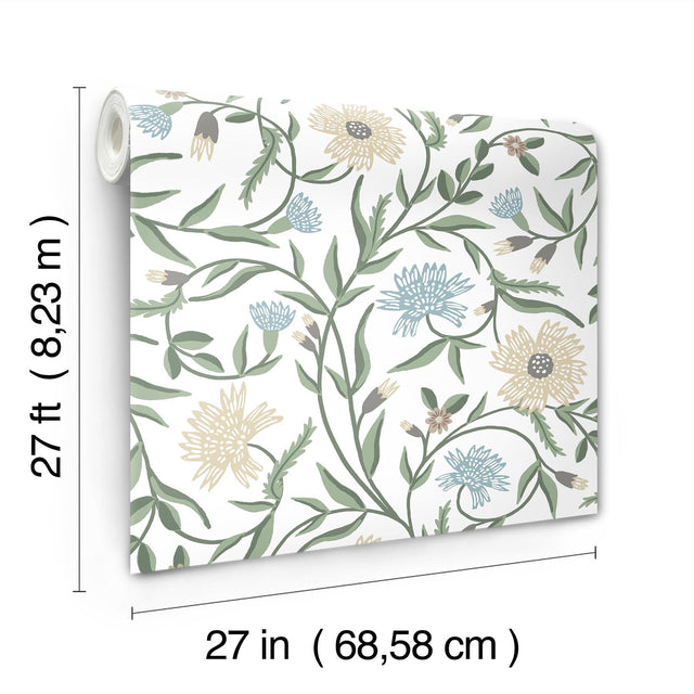 Aster White Green Floral Non Woven Wallpaper - York RF7431