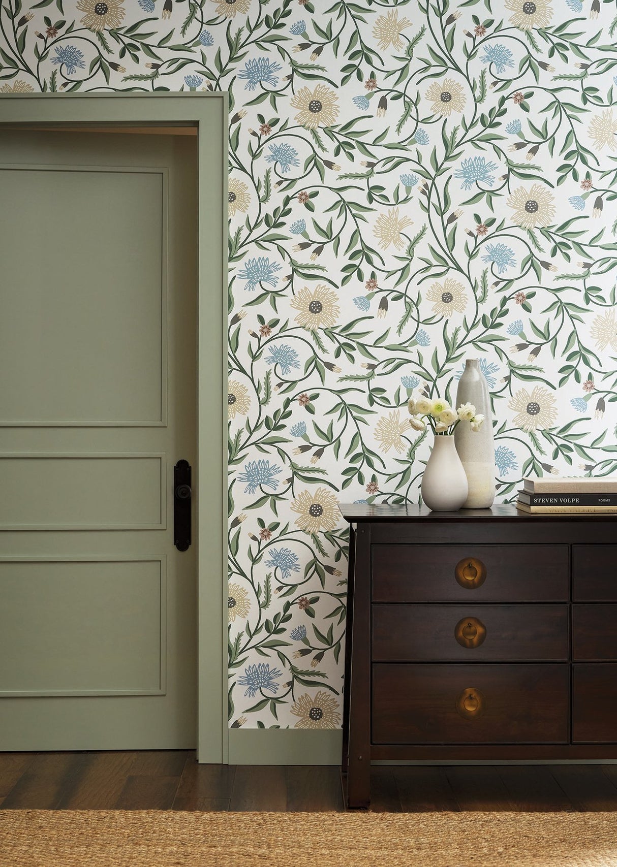 Aster White Green Floral Non Woven Wallpaper - York RF7431