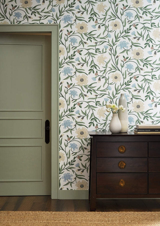 Aster White Green Floral Non Woven Wallpaper - York RF7431