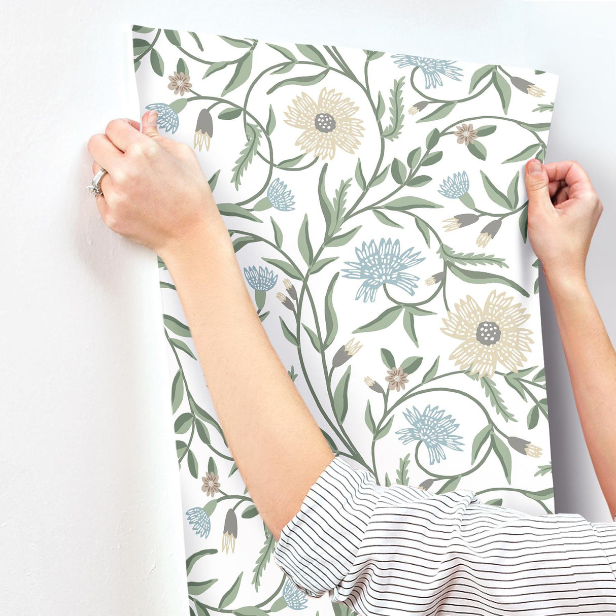 Aster White Green Floral Non Woven Wallpaper - York RF7431