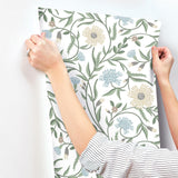 Aster White Green Floral Non Woven Wallpaper - York RF7431