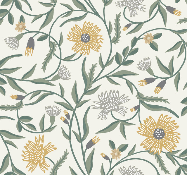 Aster Gold Wallpaper with Metallic Floral Vine Pattern - York RF7432