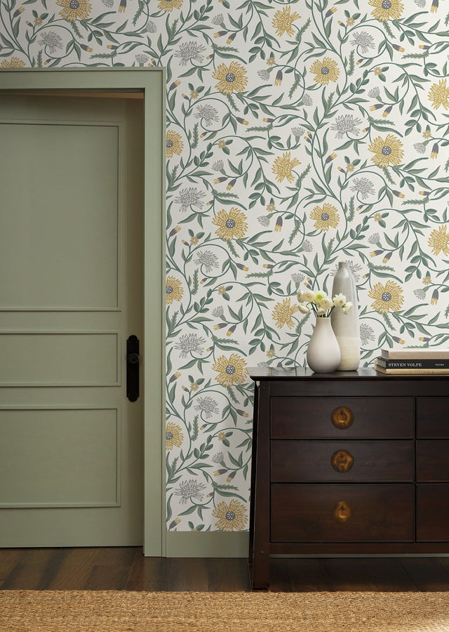 Aster Gold Wallpaper with Metallic Floral Vine Pattern - York RF7432