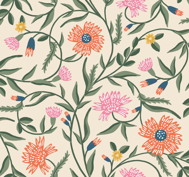 Aster Coral Wallpaper with Metallic Floral Vine Pattern, Farmhouse Style - York RF7433