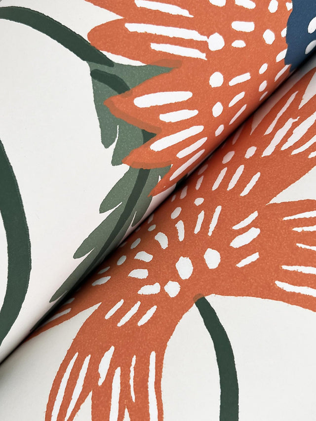 Aster Coral Wallpaper with Metallic Floral Vine Pattern, Farmhouse Style - York RF7433