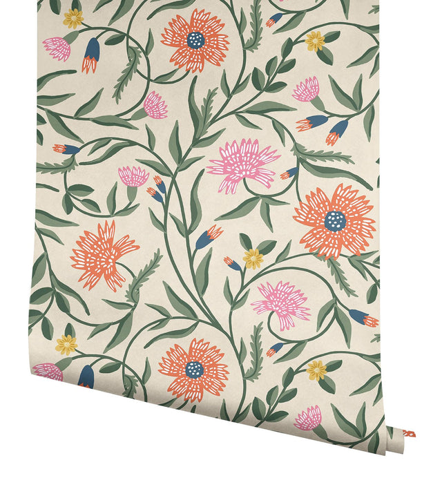 Aster Coral Wallpaper with Metallic Floral Vine Pattern, Farmhouse Style - York RF7433