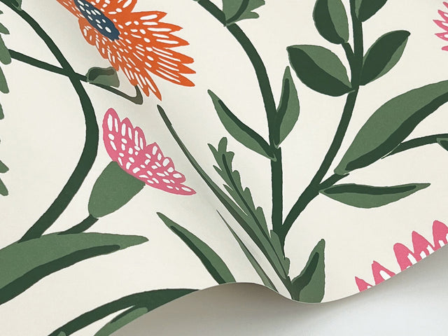 Aster Coral Wallpaper with Metallic Floral Vine Pattern, Farmhouse Style - York RF7433