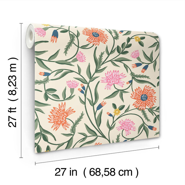 Aster Coral Wallpaper with Metallic Floral Vine Pattern, Farmhouse Style - York RF7433