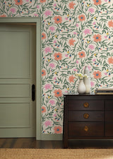 Aster Coral Wallpaper with Metallic Floral Vine Pattern, Farmhouse Style - York RF7433