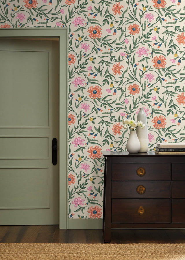 Aster Coral Wallpaper with Metallic Floral Vine Pattern, Farmhouse Style - York RF7433
