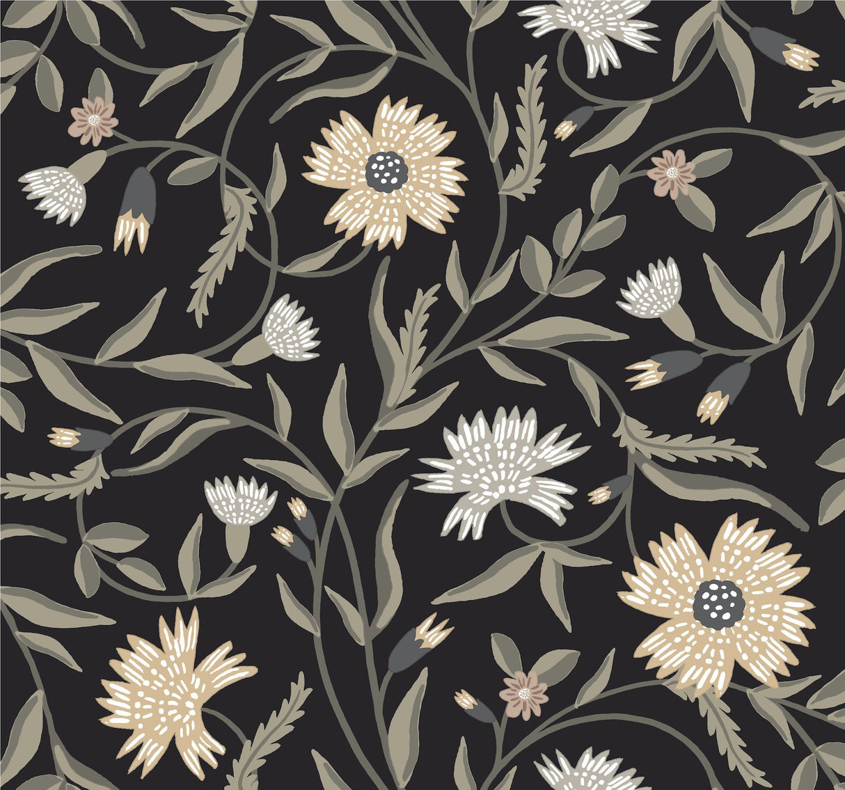 Aster Black Floral Wallpaper with Matte Farmhouse Style - York RF7434