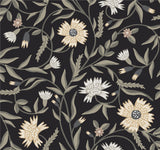 Aster Black Floral Wallpaper with Matte Farmhouse Style - York RF7434