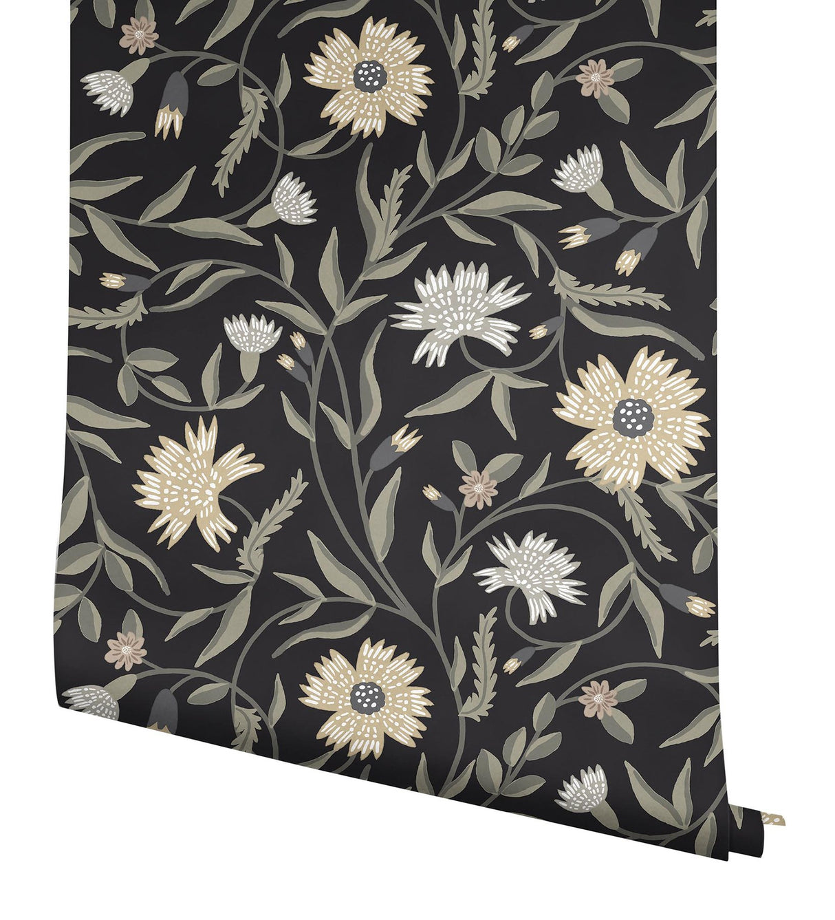 Aster Black Floral Wallpaper with Matte Farmhouse Style - York RF7434