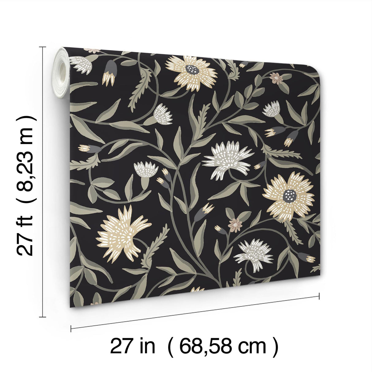 Aster Black Floral Wallpaper with Matte Farmhouse Style - York RF7434