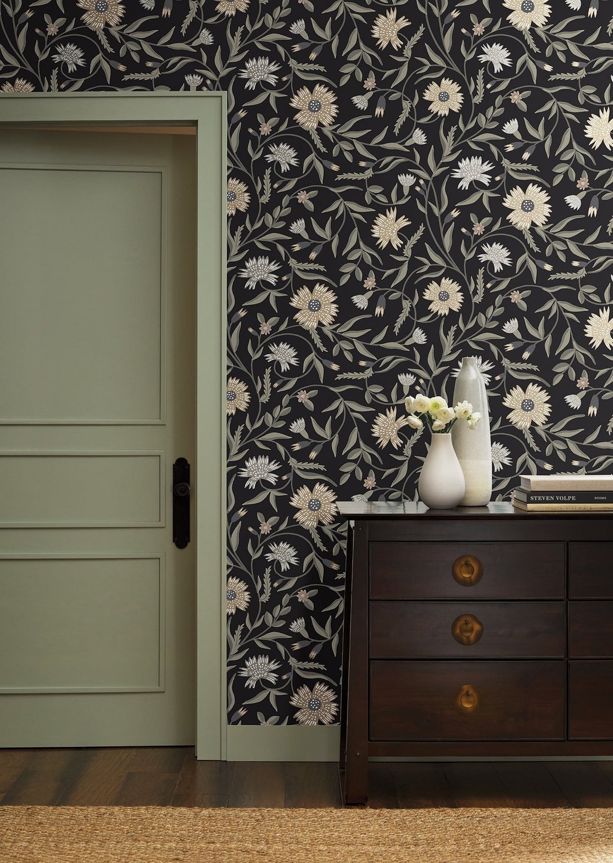 Aster Black Floral Wallpaper with Matte Farmhouse Style - York RF7434