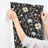 Aster Black Floral Wallpaper with Matte Farmhouse Style - York RF7434
