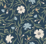 Aster Navy Wallpaper with Floral Trail Pattern, Farmhouse Style - York RF7435