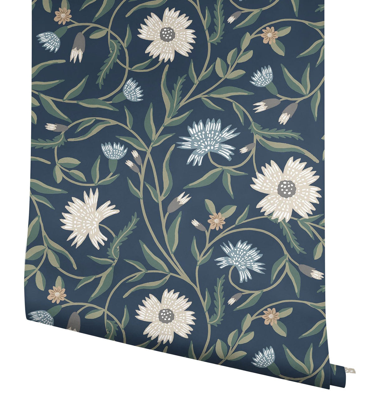 Aster Navy Wallpaper with Floral Trail Pattern, Farmhouse Style - York RF7435