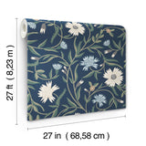 Aster Navy Wallpaper with Floral Trail Pattern, Farmhouse Style - York RF7435