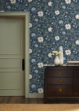 Aster Navy Wallpaper with Floral Trail Pattern, Farmhouse Style - York RF7435