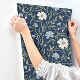 Aster Navy Wallpaper with Floral Trail Pattern, Farmhouse Style - York RF7435