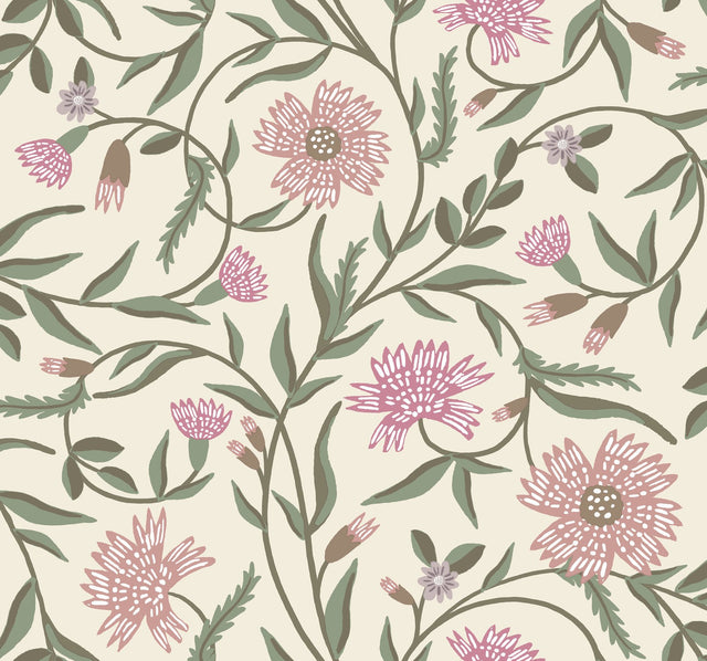Aster Rose Purple Matte Non?Pasted Wallpaper with Floral Farmhouse Pattern - York RF7436