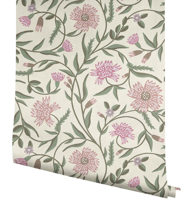 Aster Rose Purple Matte Non?Pasted Wallpaper with Floral Farmhouse Pattern - York RF7436