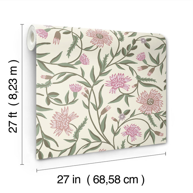 Aster Rose Purple Matte Non?Pasted Wallpaper with Floral Farmhouse Pattern - York RF7436