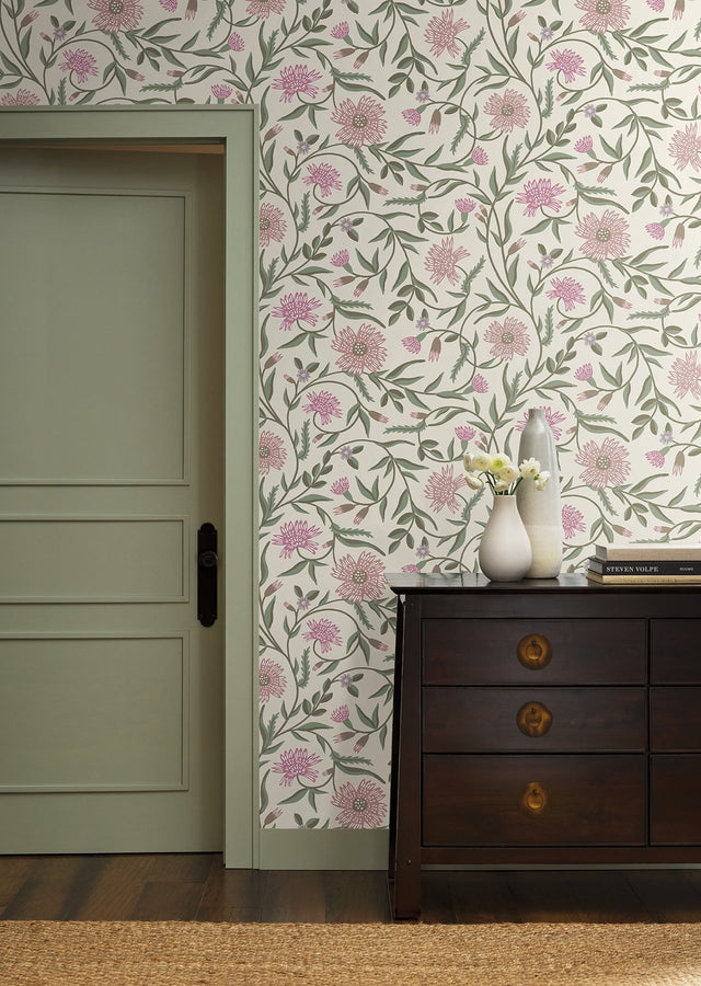Aster Rose Purple Matte Non?Pasted Wallpaper with Floral Farmhouse Pattern - York RF7436