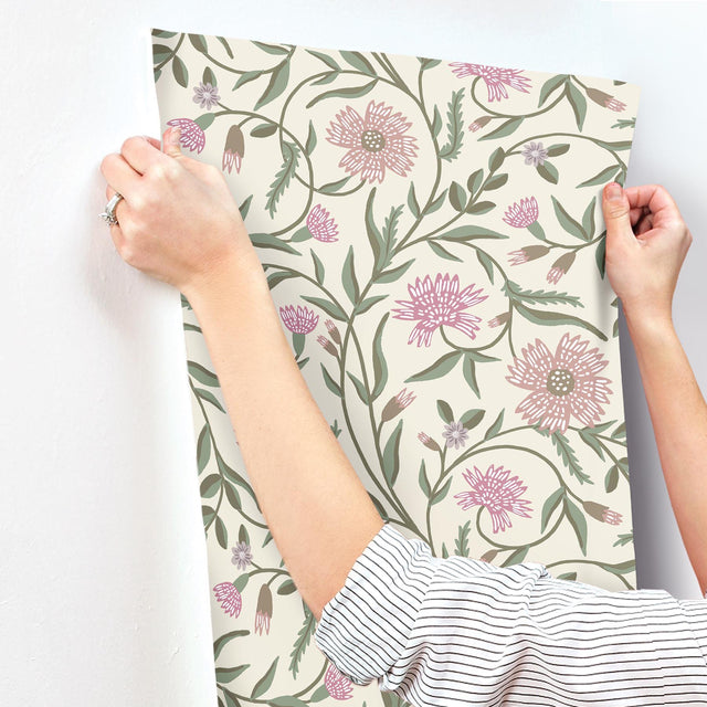 Aster Rose Purple Matte Non?Pasted Wallpaper with Floral Farmhouse Pattern - York RF7436