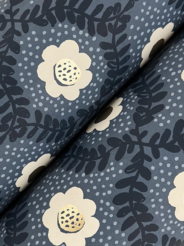 Emma Navy Metallic Floral Whimsical Wallpaper - York RF7441