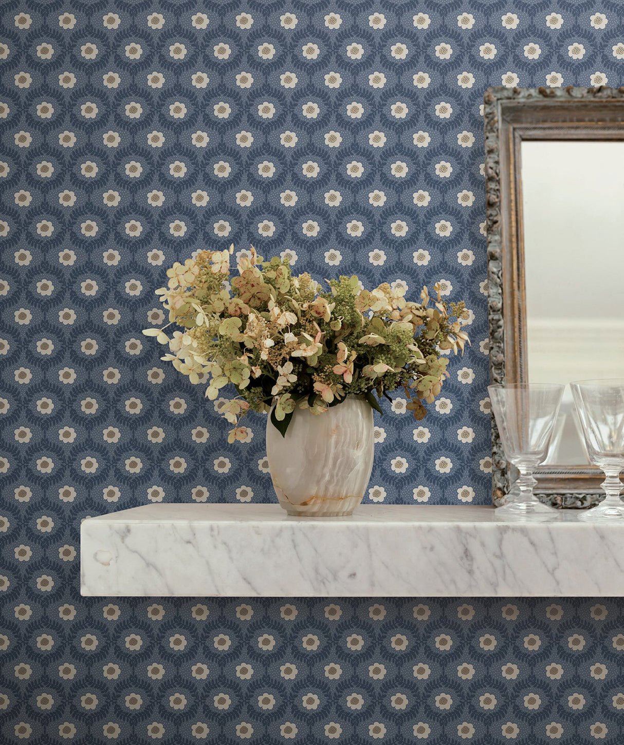 Emma Navy Metallic Floral Whimsical Wallpaper - York RF7441