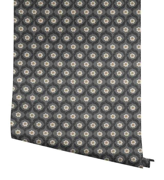 Emma Black Wallpaper with Metallic Floral Medallion Pattern - York RF7442