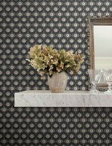 Emma Black Wallpaper with Metallic Floral Medallion Pattern - York RF7442