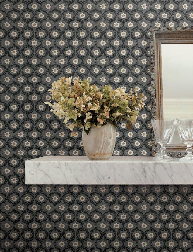 Emma Black Wallpaper with Metallic Floral Medallion Pattern - York RF7442