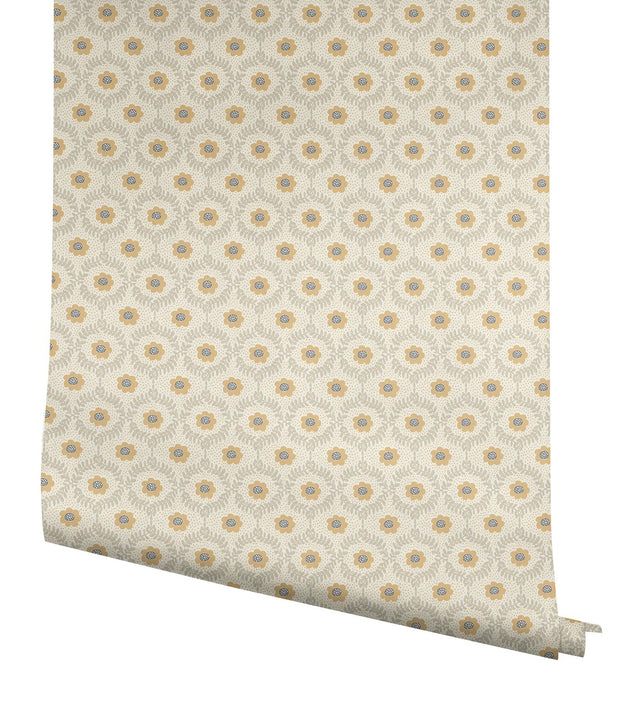 Emma Linen Wallpaper with Metallic Floral Trellis - York RF7443