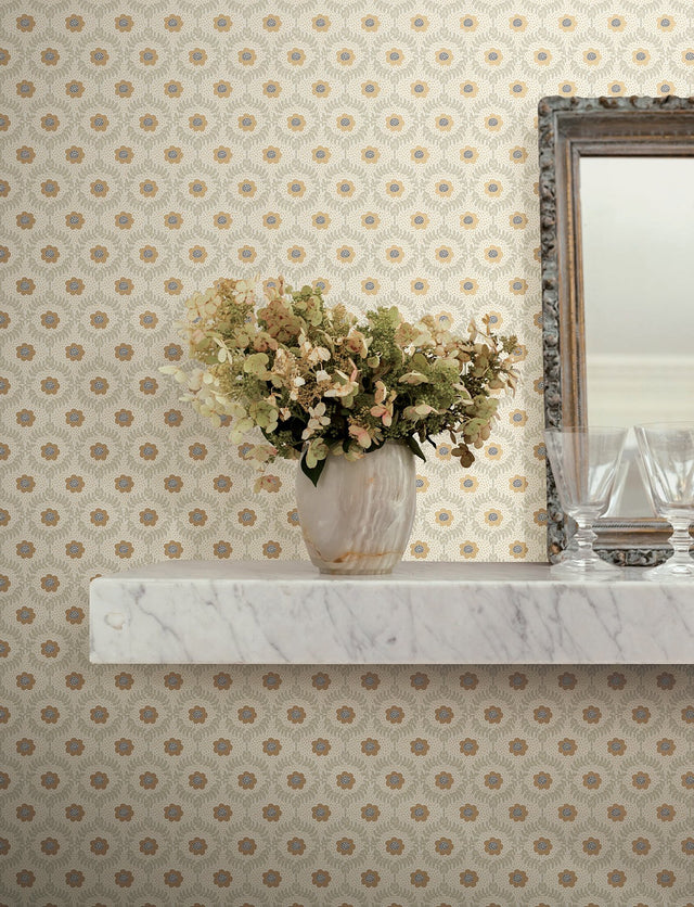 Emma Linen Wallpaper with Metallic Floral Trellis - York RF7443