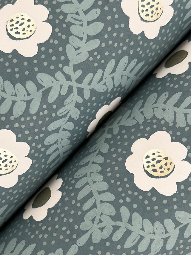 Emma Slate Blue Metallic Floral Whimsical Wallpaper - York RF7445