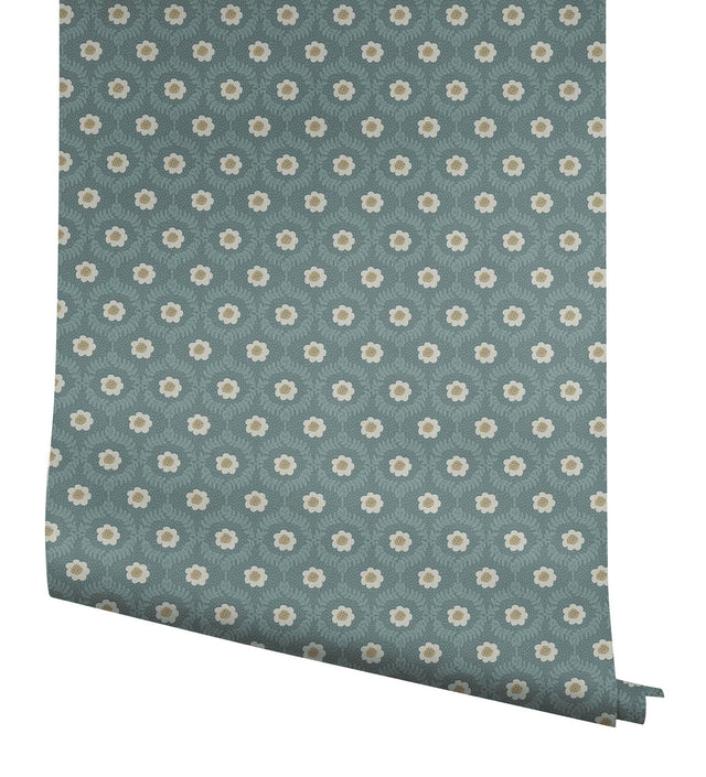 Emma Slate Blue Metallic Floral Whimsical Wallpaper - York RF7445