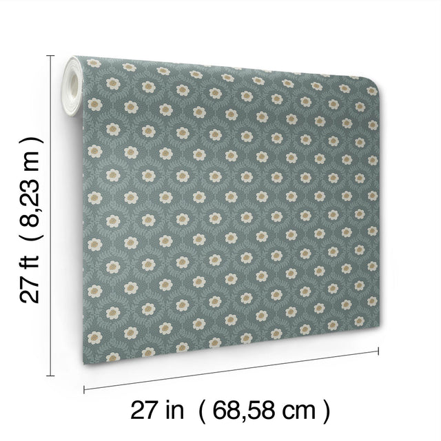 Emma Slate Blue Metallic Floral Whimsical Wallpaper - York RF7445