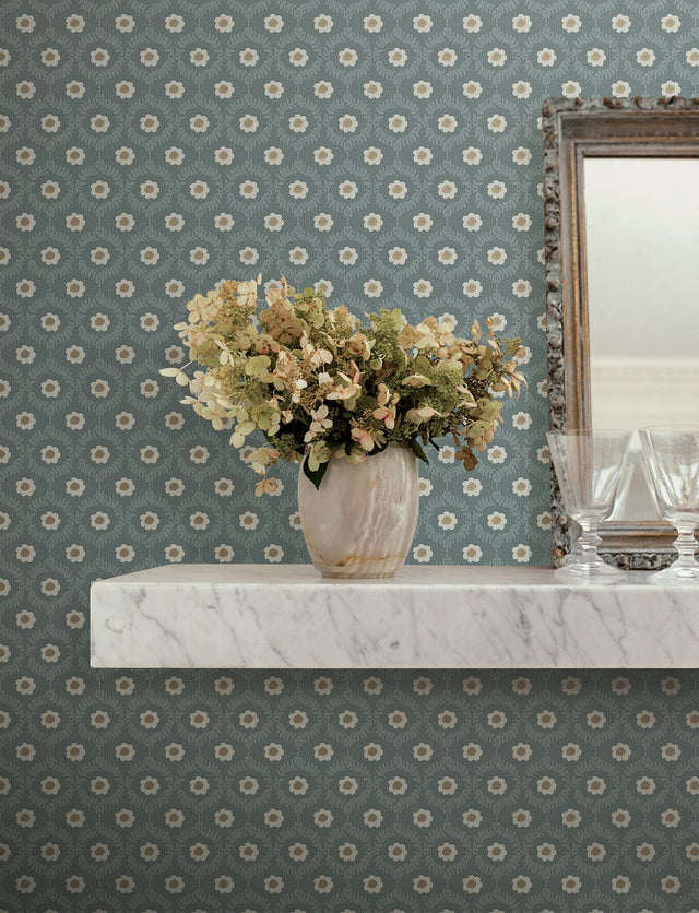 Emma Slate Blue Metallic Floral Whimsical Wallpaper - York RF7445