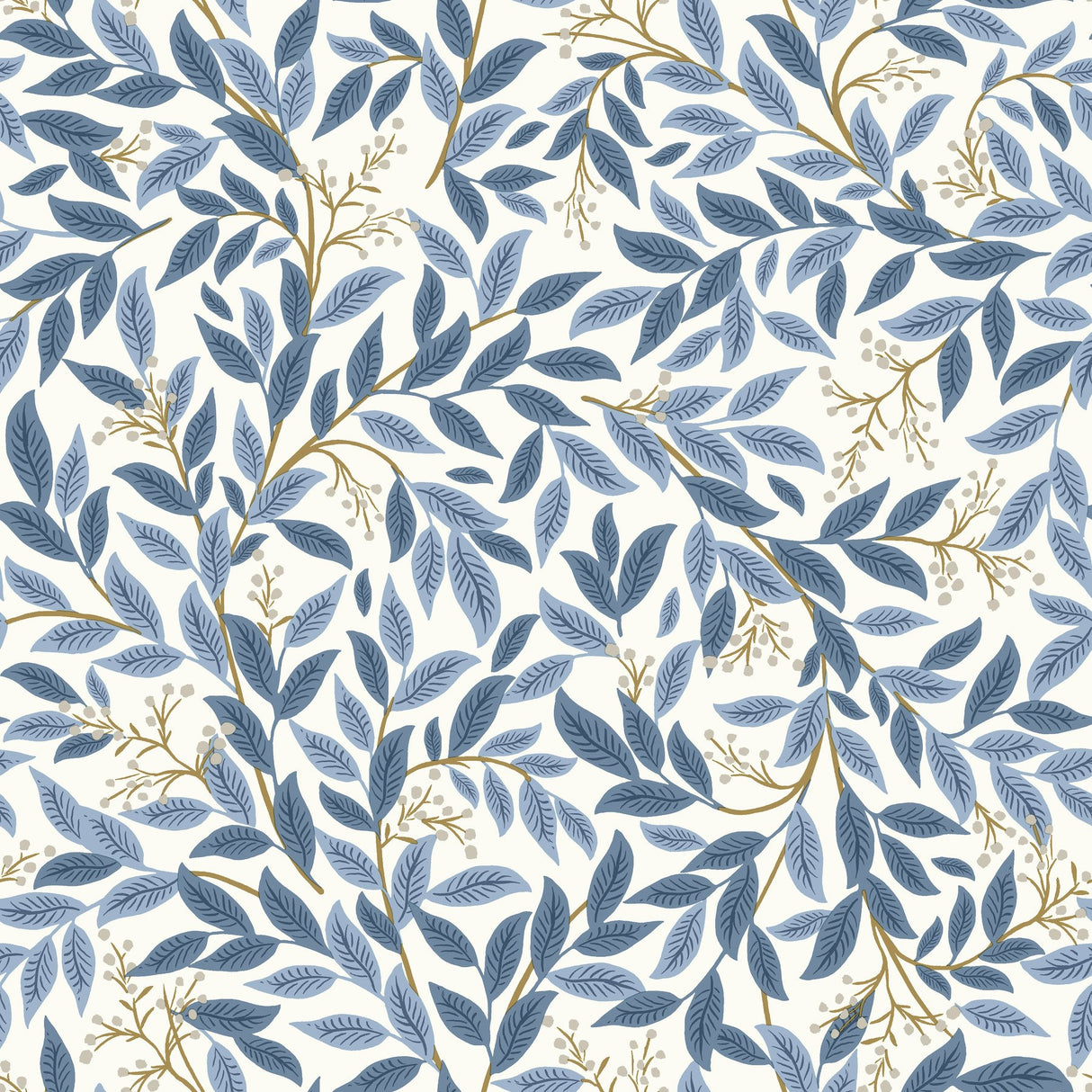 Willowberry Blue Wallpaper with Metallic Botanical Vines - York RF7461