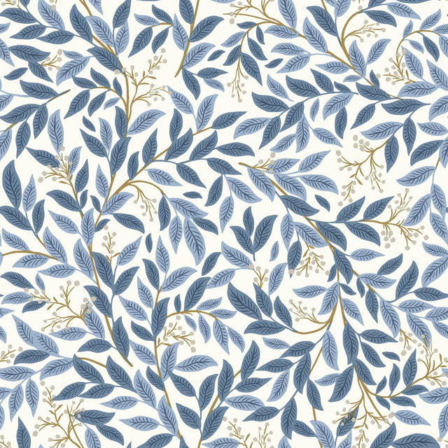 Willowberry Blue Wallpaper with Metallic Botanical Vines - York RF7461