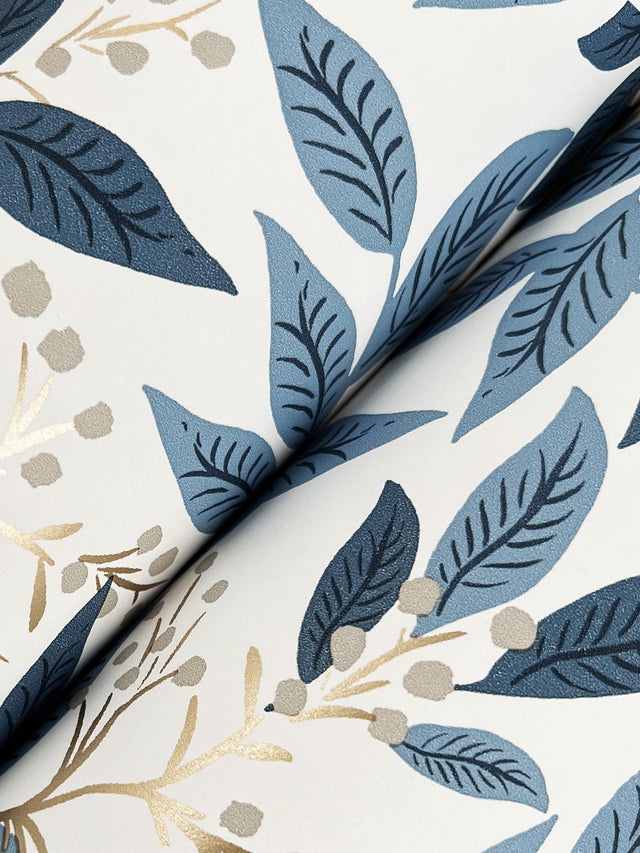 Willowberry Blue Wallpaper with Metallic Botanical Vines - York RF7461