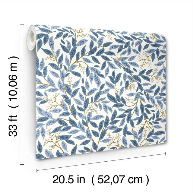 Willowberry Blue Wallpaper with Metallic Botanical Vines - York RF7461