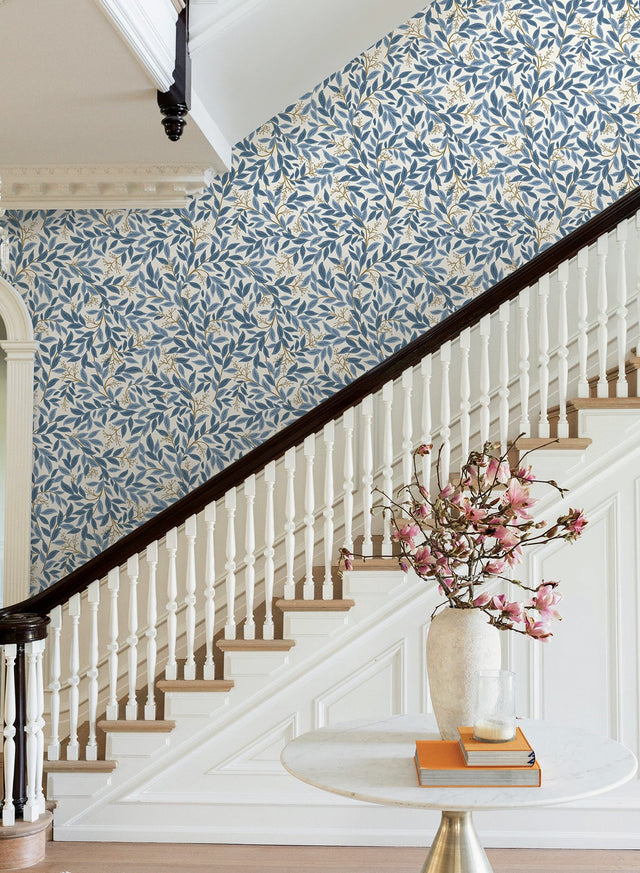 Willowberry Blue Wallpaper with Metallic Botanical Vines - York RF7461